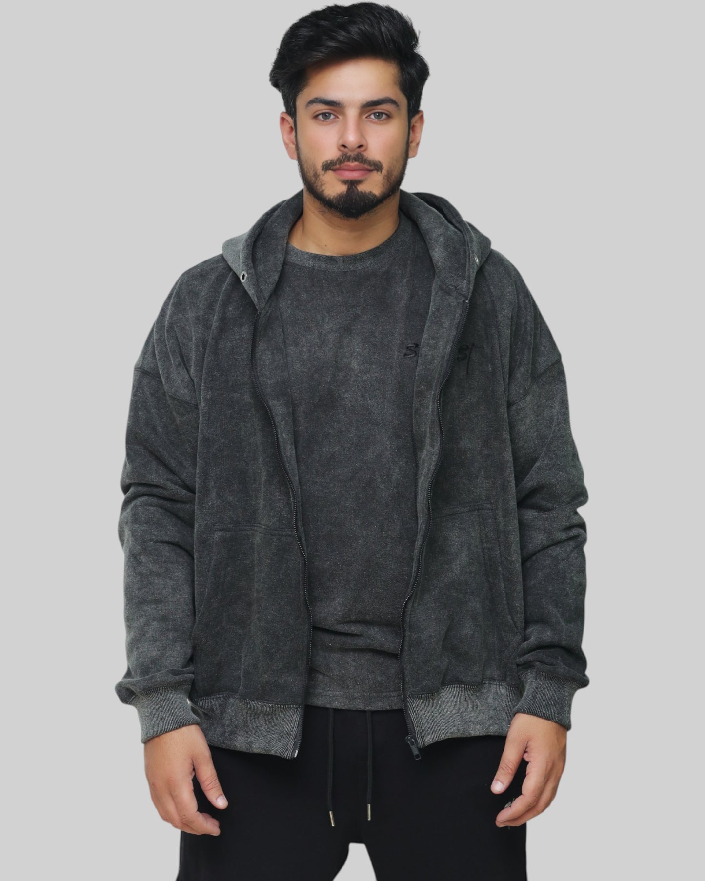 STSL Zip Hoodie – Washed Black