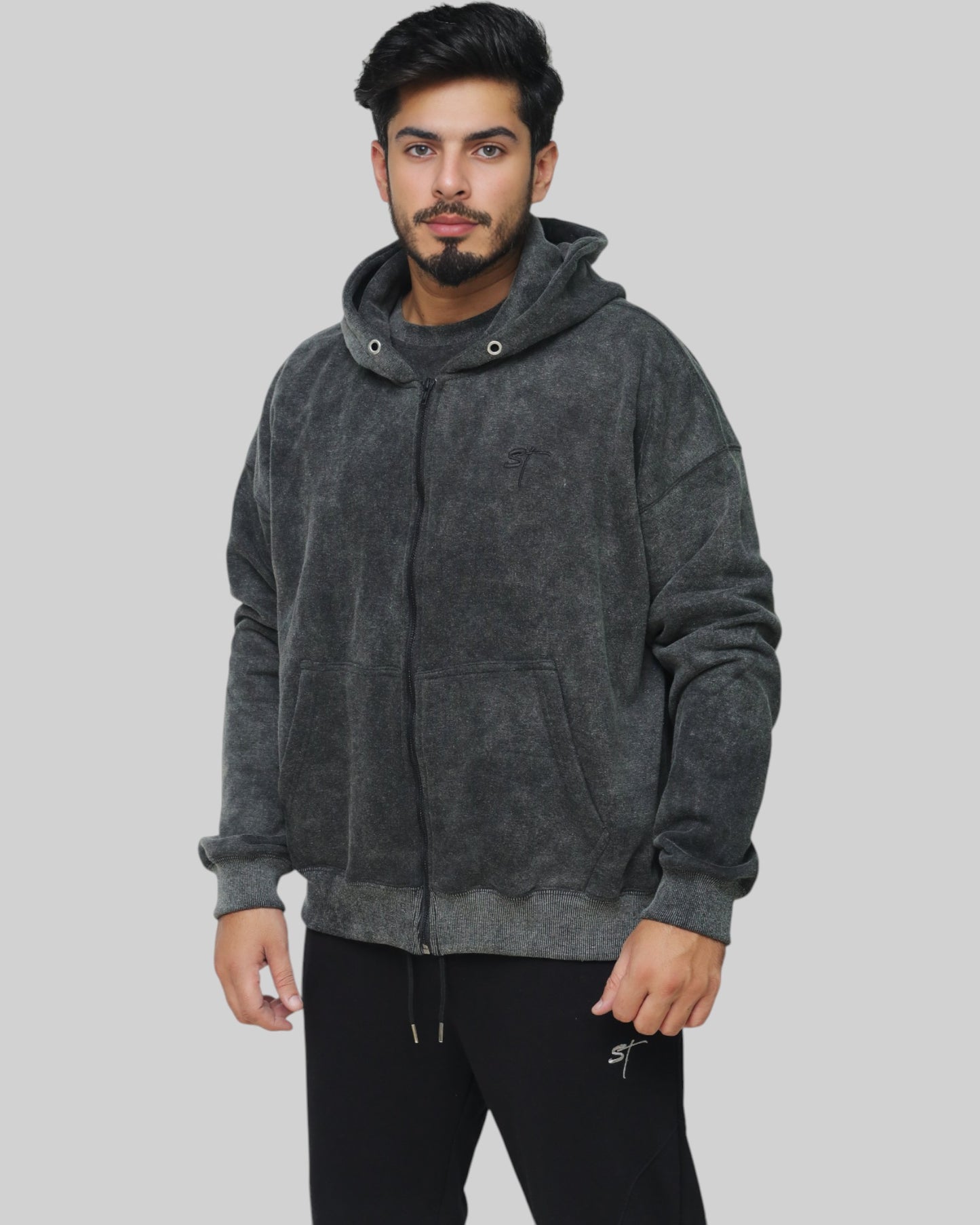 STSL Zip Hoodie – Washed Black